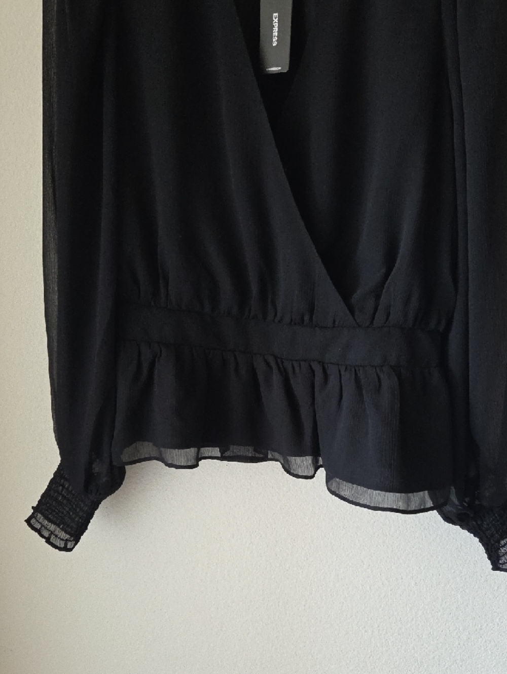 Express Black Wrap Blouse with Smocked Cuffs Sz M NEW - Picture 5 of 14